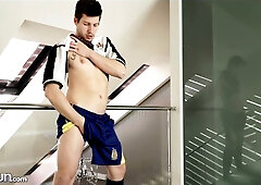 James Popper ditches his soccer kit and jerks off hard