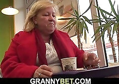 He picks up and fucks her fat hairy old cunt