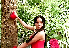 Awesome Brazilian tranny strokes her shaved dick with pleasure outdoors