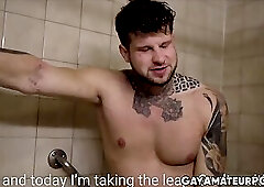 Muscular Andrew Green rides beefy Markus Kage in his first porn video