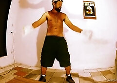 Furry naked man with hairy gay beard dances seductively