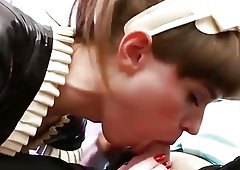 Shemale maid blows a guy before having her ass ravaged