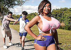 Busty Tiamaria’s Oily Threeway with Two Stalkers!