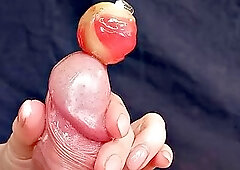 Three ruined orgasm for chastity sissy with tied balls