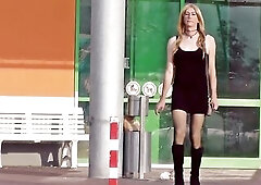 Transgender Sandy wears Fishnet nylons, Mini-Suit and High Heels in public.