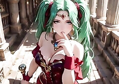 The green-haired Warlock makes her entrance in a magnificent classical arcade, where dappled sunlight dances on her hawt red battle armor. This babe a
