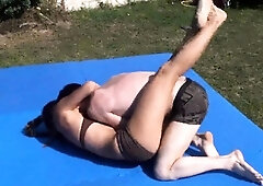 Femdom mixed wrestling fight outside