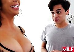 Horny busty mature slut wearing black laced lingerie seduces teen boy with her hot body and her big tits