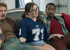 Threesome with a curvy teen who loves black and white