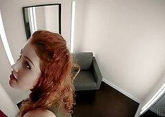 Redhead Heidi Romanova teases in sheer lingerie before fingering her wet pussy