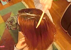 Wife combs semen into her hair after banging and tittyjob.