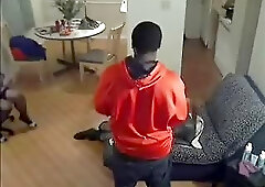 Ebony hunk gets sucked off by two cock hungry shemales