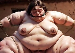 This heavy plump SSBBW is tightly bound in rope slavery, her huge body totally feeble. Her corpulent, wide and loose cunt is fully nude and greatly so