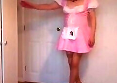 Nude stockings, white lingerie and pink costume