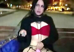 Taniax T,walks on the streets wearing small chastity cage and lingerie