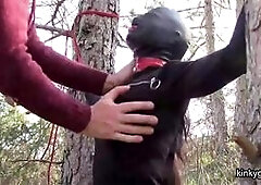What came before. She was sitting blindfolded next to me in the car. Surprise. Today the forest. I tie her up between two trees and ram my cock deep i