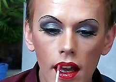 Gorgeous shemale in fishnets walks dressed like a Cinderella outdoor