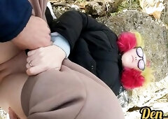 hard anal invasion on the street with a cute green-haired gal in a jacket with glasses cum on her face a