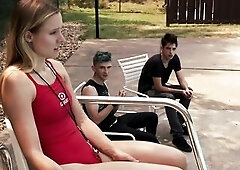 In a red swimsuit, later showing her exposed booty from the side as this babe sits on the edge of a sink and a stud screws her. Women. Blondes. Celebr