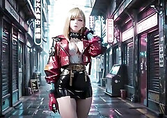 Below the neon rain, this babe emerges in a red and ebony tactical armor, her golden hair flowing wildly beneath the cold light. From assured standing