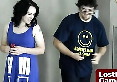 The smug winner makes the loser kneel and suck previous to a coarse pounding from behind. Her breasts bounce wildly until this chab finishes all over 