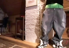 Pissing in shiny baggies.