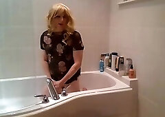 Compilation of black see-through dress, stockings and dildoing in the bath