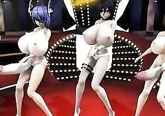 Energetic shemale bitches with monster tits dance around the floor