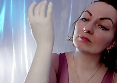 Arya Grander in pink top feels gloved hands adjust her surgical mask in intimate ASMR POV
