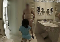 Schlong Flash! The hotel maid caught me masturbating in the baths and gave me a fellatio to finish