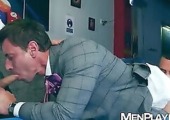 Suited men David Linset and Gustavo Cruz bareback with Steve Jouret