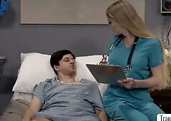 TS nurse checks her weak patient in his room if hes ok.After that,this babe begins giving him a oral job