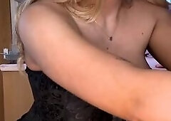 Blonde Babe in Black Corset Teases in Kitchen