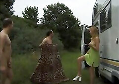 Pounding her ravishing holes in the car and outside with our hard dicks until we cum all over her bazookas.