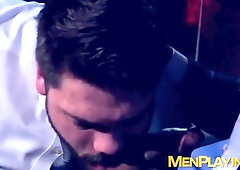 Executives enjoy wet blowjobs and analpounding at the club