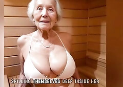 [GRANNY Story] Sauna BBC Three-Some for 80 Years Old GILF