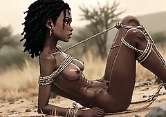 A gorgeous Afro ebony woman is bound up in rope servitude in the midst of the savanna. That babe looks scared and terrified, but at the same time this