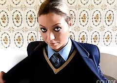In the washroom with her full college cutie uniform on, Natalia Forrest wishes to feel what it's like to get moist, fully dressed. As the hawt wa