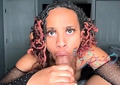 Wild ebony MILF shoves big black cock deep down her throat
