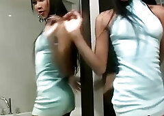Tranny Poopay rubbing cock in the mirror