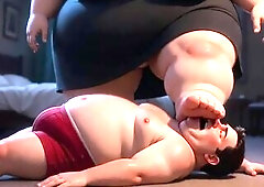 A huge SSBBW dominates her pathetic hunk serf by trampling his face below her full weight. That babe stands on his face, crushes his head, and stifles