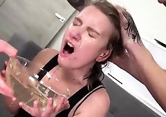 Skank get degraded, drinks piss, all with a smile