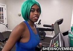 Ebony punk babe Sheisnovember gets her tight pussy pounded rough in public gym, then gives a sweaty POV blowjob on treadmill