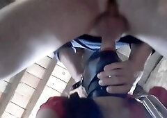 Coarse blow job and hard banging doggy style bound to a machine and blindfolded