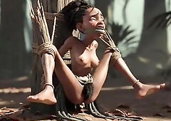 Afro woman with a very hirsute vagina fastened up in rope servitude, screaming desperately. That babe's scared and emotional, tears flowing as th