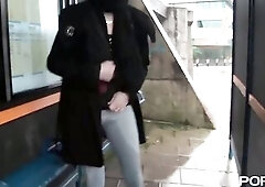 Trashy amateur teen hottie pissing in her panties in public and giving a kiss a stranger