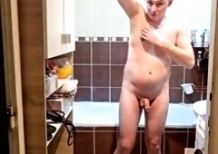 Hairy cock and balls, uncut penis, shower cock