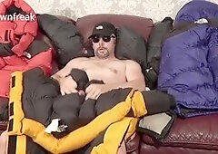 Humping North Face jackets on a leather bed for some wild fun