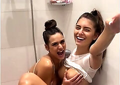 Lesbo shower explodes into sloppy double BJ and biggest facial with cum exchange POV Oral sex