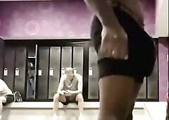 Black hung stud showing off in the locker room.